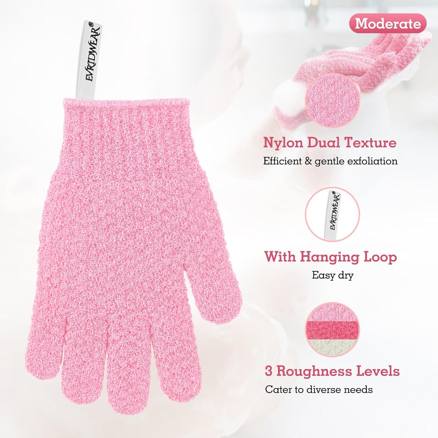 Evridwear Exfoliating Gloves for Shower, 100% Nylon Thick Soft Medium Heavy Bathing Gloves Dead