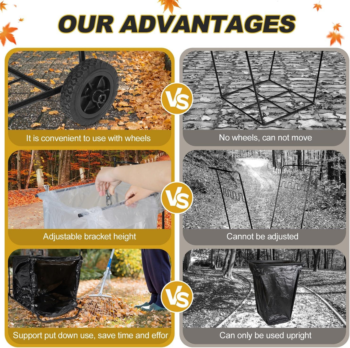 Heavy Duty Portable Trash Bag Holder with Wheel, Adjustable 30-45 Gallon Outdoor Leaf Bag Stand