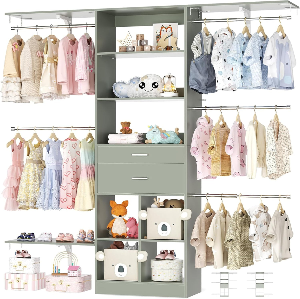 5FT Small Closet System, Baby Closet Organizer System with Wooden Drawers, 60 Inches Walk in Closet