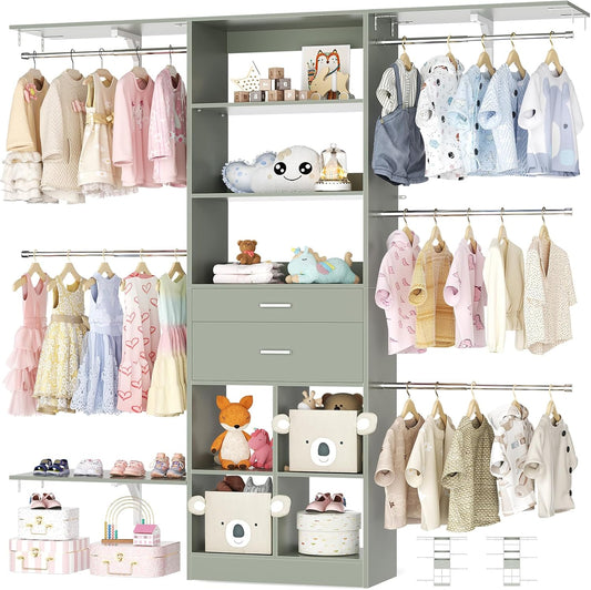 5FT Small Closet System, Baby Closet Organizer System with Wooden Drawers, 60 Inches Walk in Closet