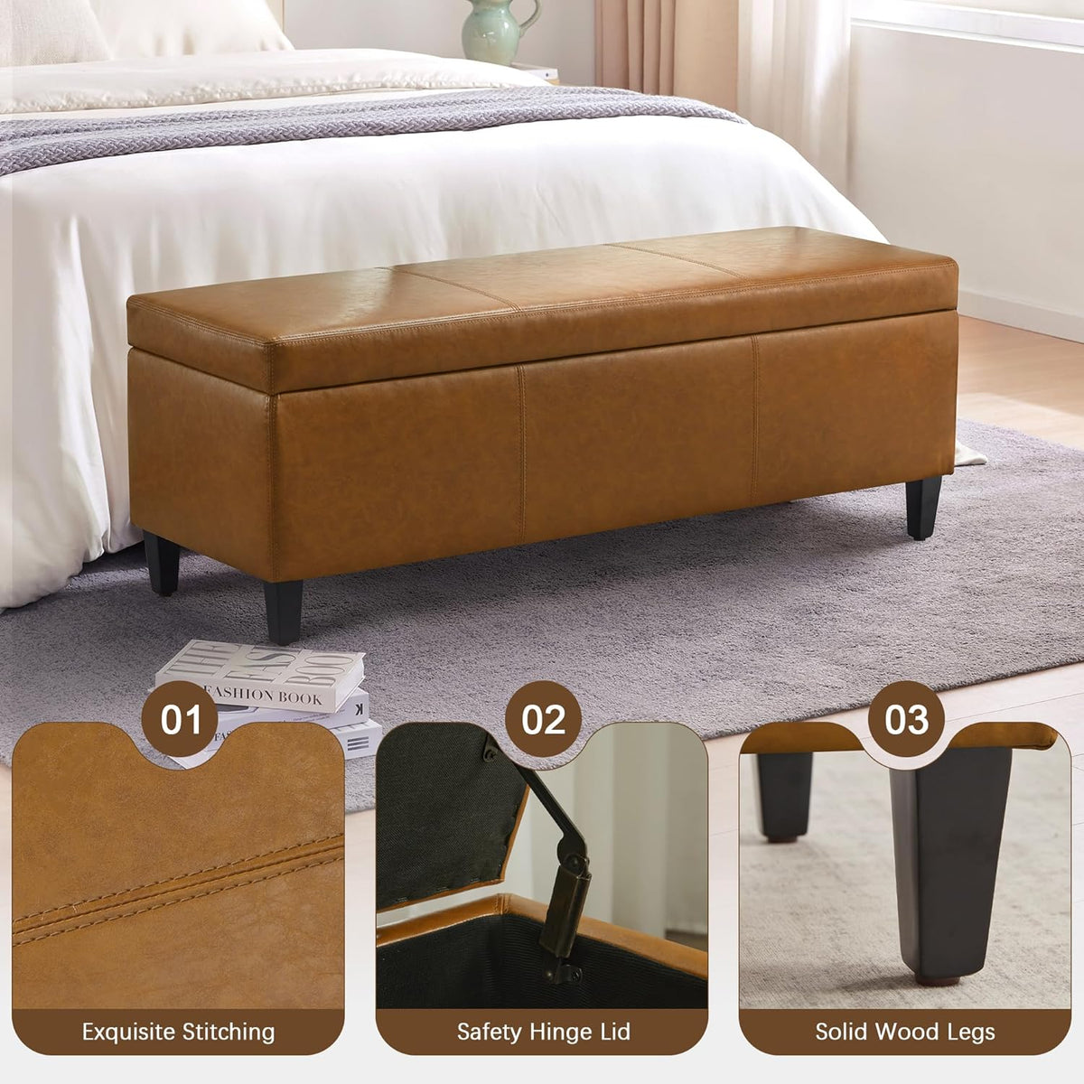 HUIMO Faux Leather Storage Ottoman Bench 50.3 Inch Extra Long PU Upholstered Bedroom Bench with