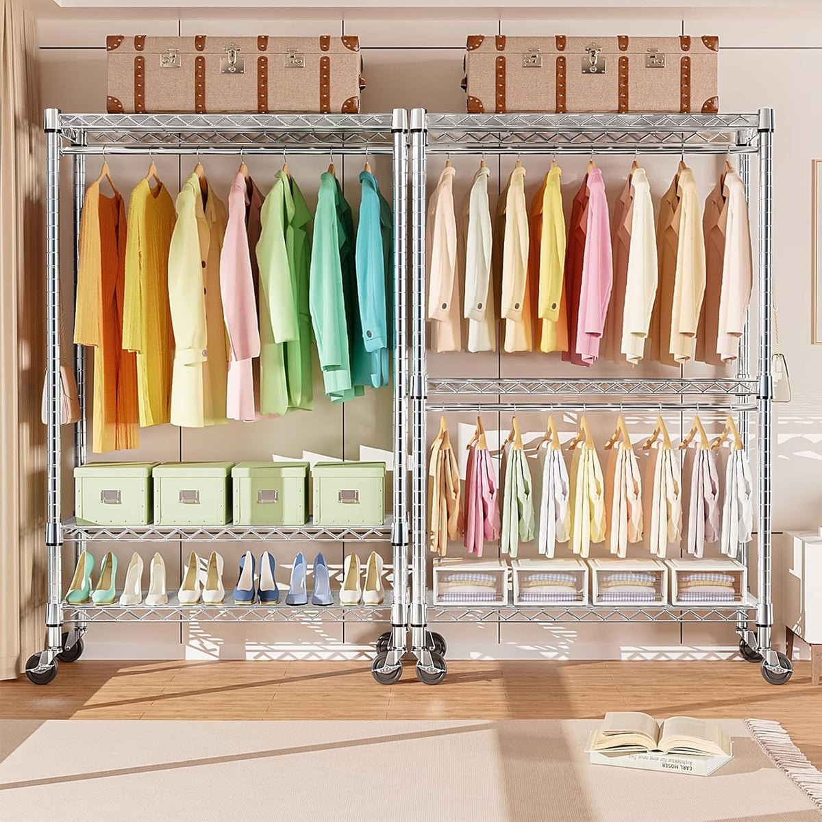 Heavy Duty Rolling Garment Rack 3 Tiers Adjustable Wire Shelving Clothes Rack with 2 Rods and Side