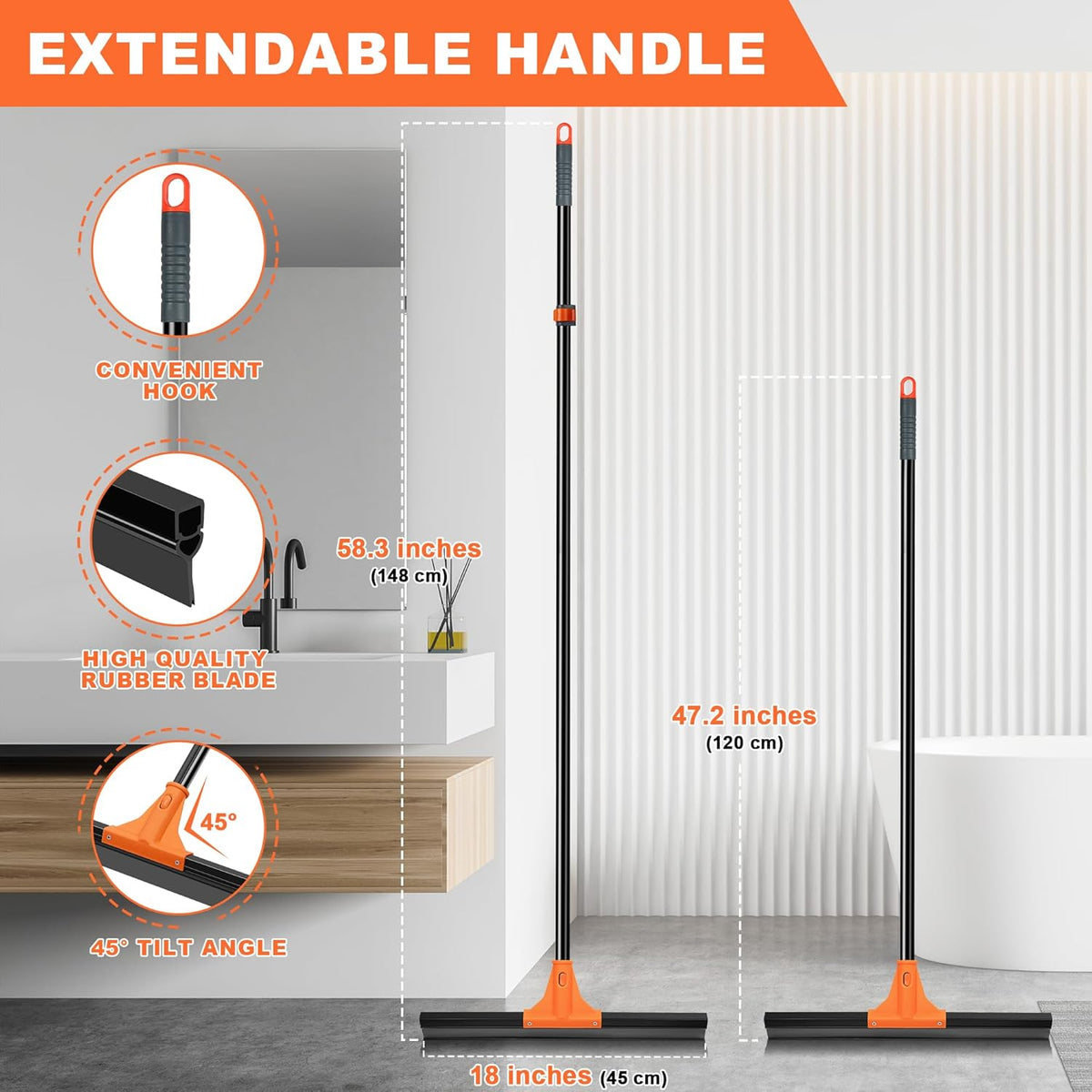 JEHONN Floor Squeegee Heavy Duty with 58.3 inches Long Handle, Rubber Scraper Broom for Cleaning