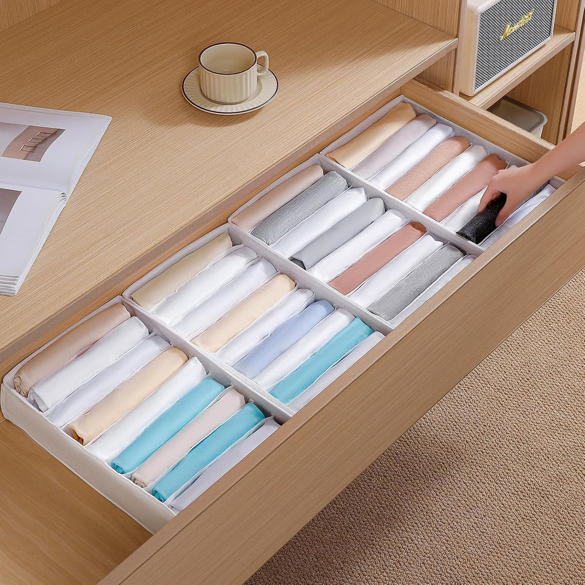 4 Packs T-shirt Drawer Organizers for Clothing,10 Grids Compartment Wardrobe Storage Box, Clothes