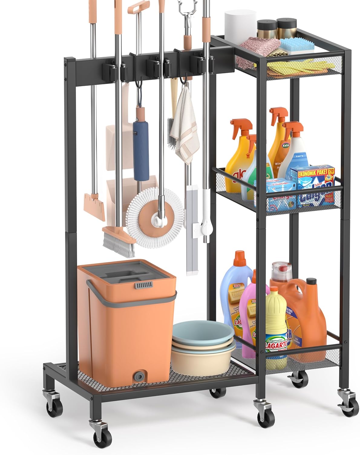 Broom Holder with Cleaning Supplies Organizer, Broom Closet Storage Cabinet with Cleaning Caddy