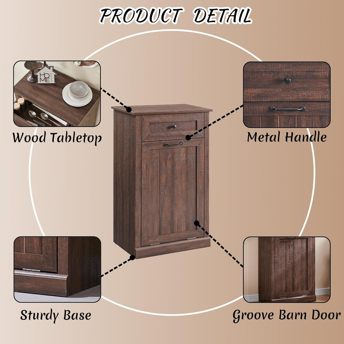 Tilt Out Laundry Hamper Cabinet, 10 Gallon Farmhouse Trash Can Cabinet with Drawer, Hidden Wood