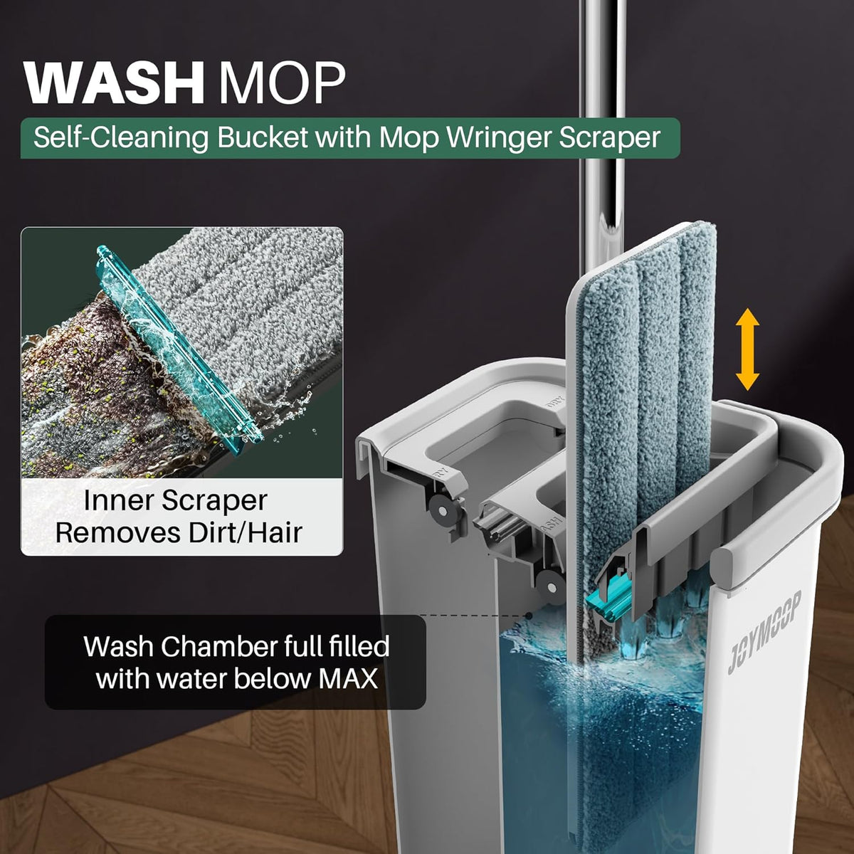 JOYMOOP Mop and Bucket with Wringer Set, Hands Free Flat Floor Mop and Bucket, with 3 Washable