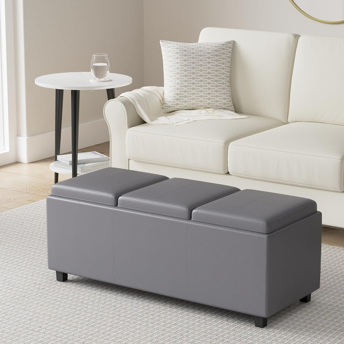 SIMPLIHOME Avalon 42 inch Wide Contemporary Rectangle Storage Ottoman in Stone Grey Vegan Faux
