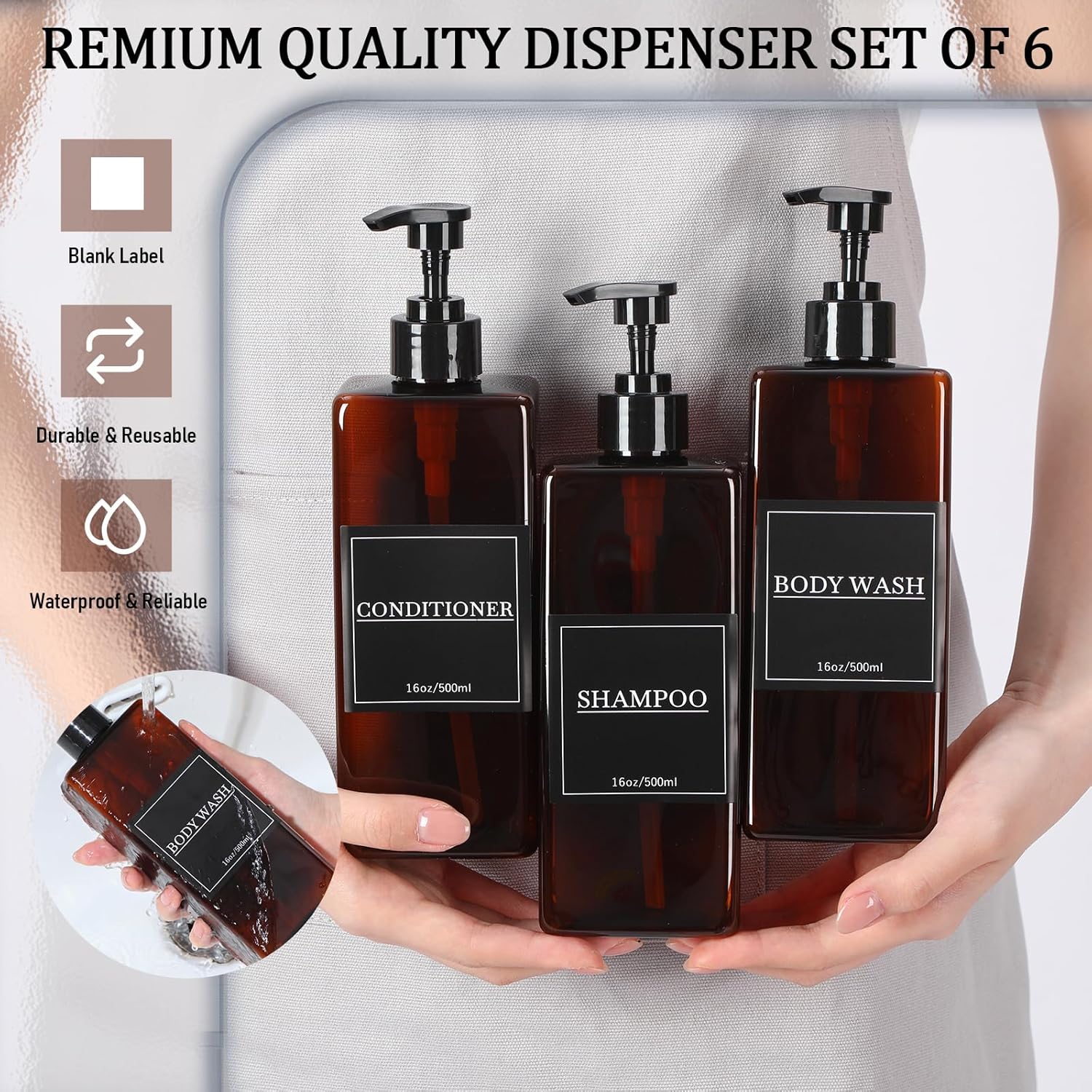 Tanlade 6 Pcs Shampoo and Conditioner Dispenser Bottles 16oz Modern Shower Soap Bottles with Pump