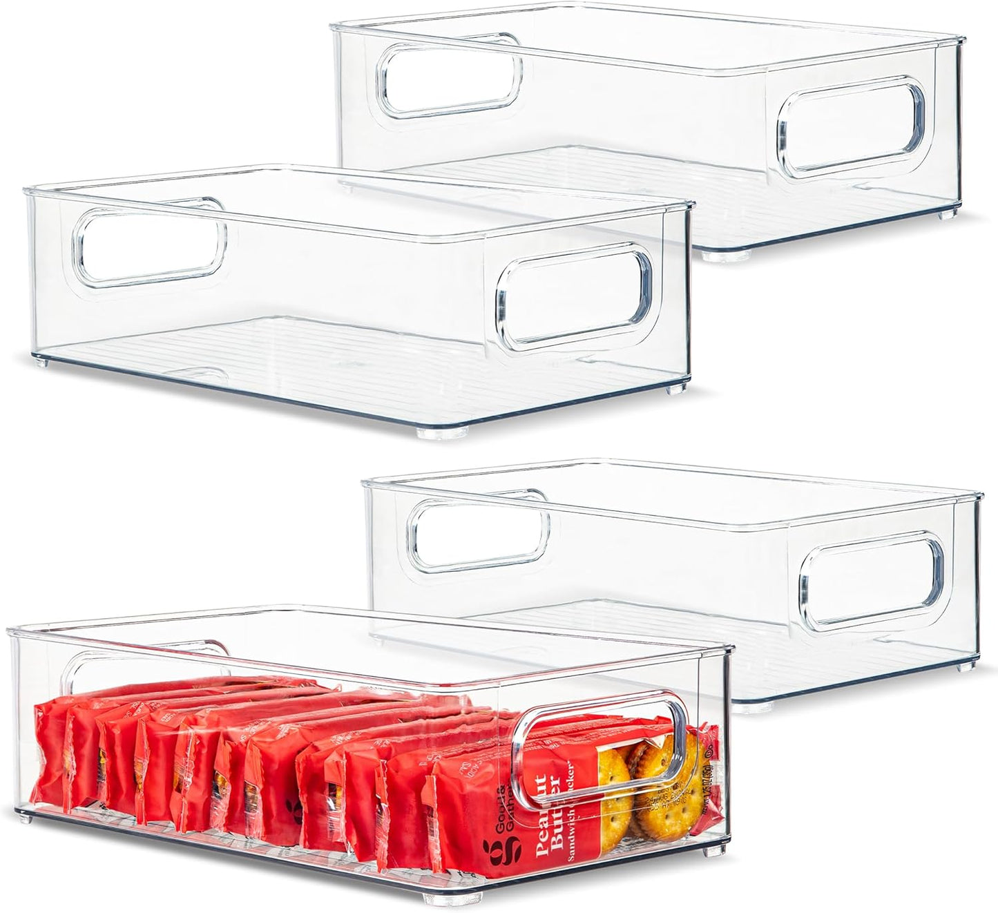 Plastic Food Storage 4 Pack Clear Container Bin with Handles for Organizing Kitchen, Pantry