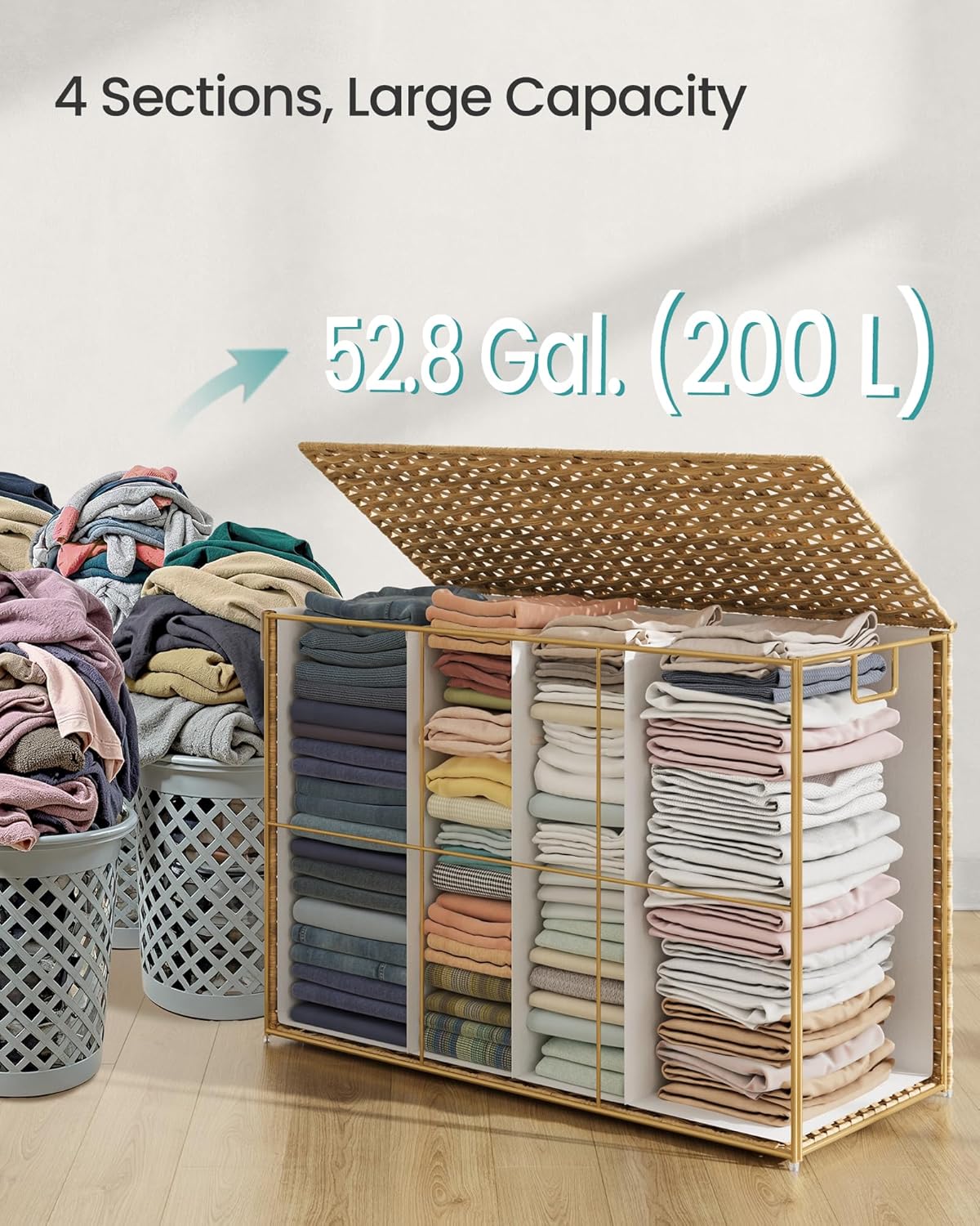 SONGMICS Laundry Hamper with Lid, 200 L Clothes Hamper with 2 Removable Liner Bags, 6 Mesh Bags