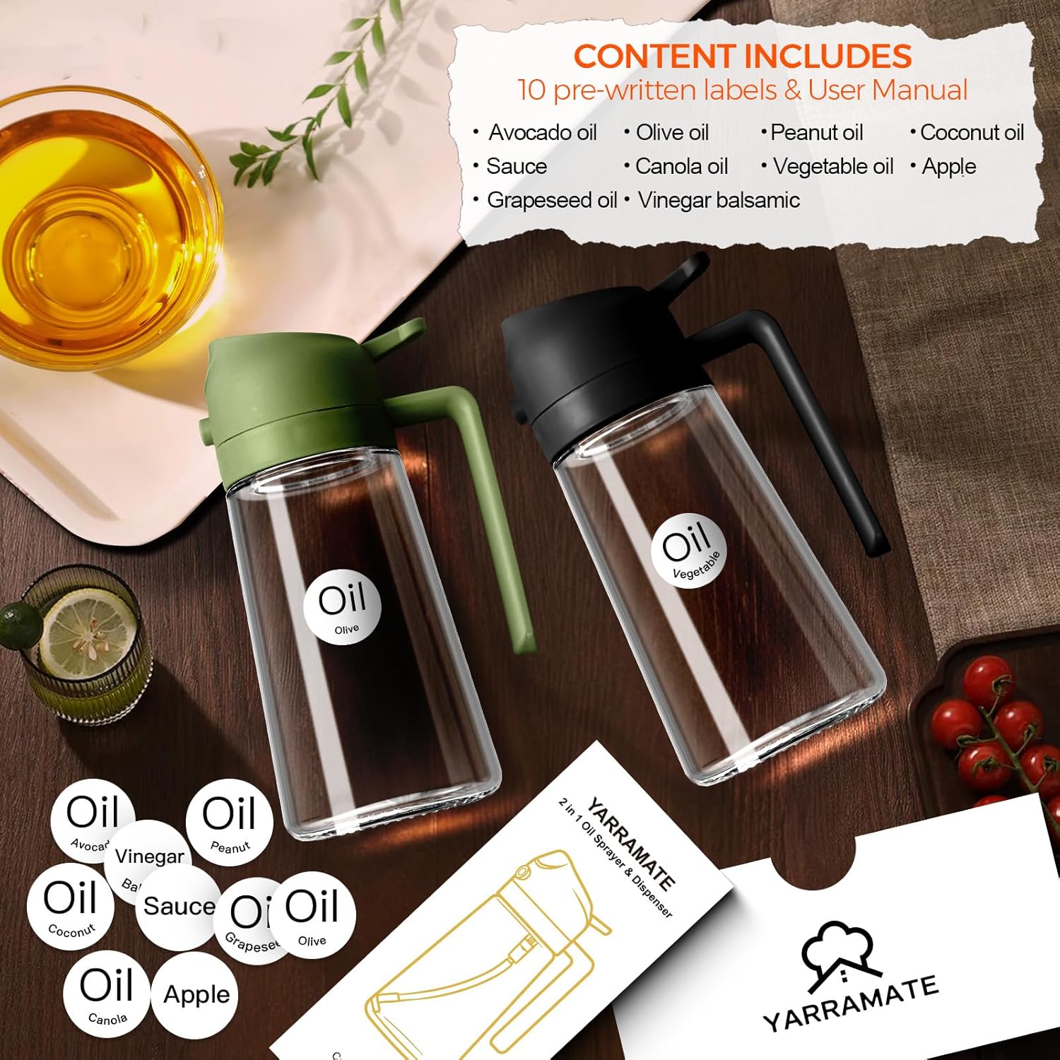 YARRAMATE 16oz/470ml Glass Olive Oil Sprayer for Cooking with Stickers, 2 in 1 Oil Dispenser for