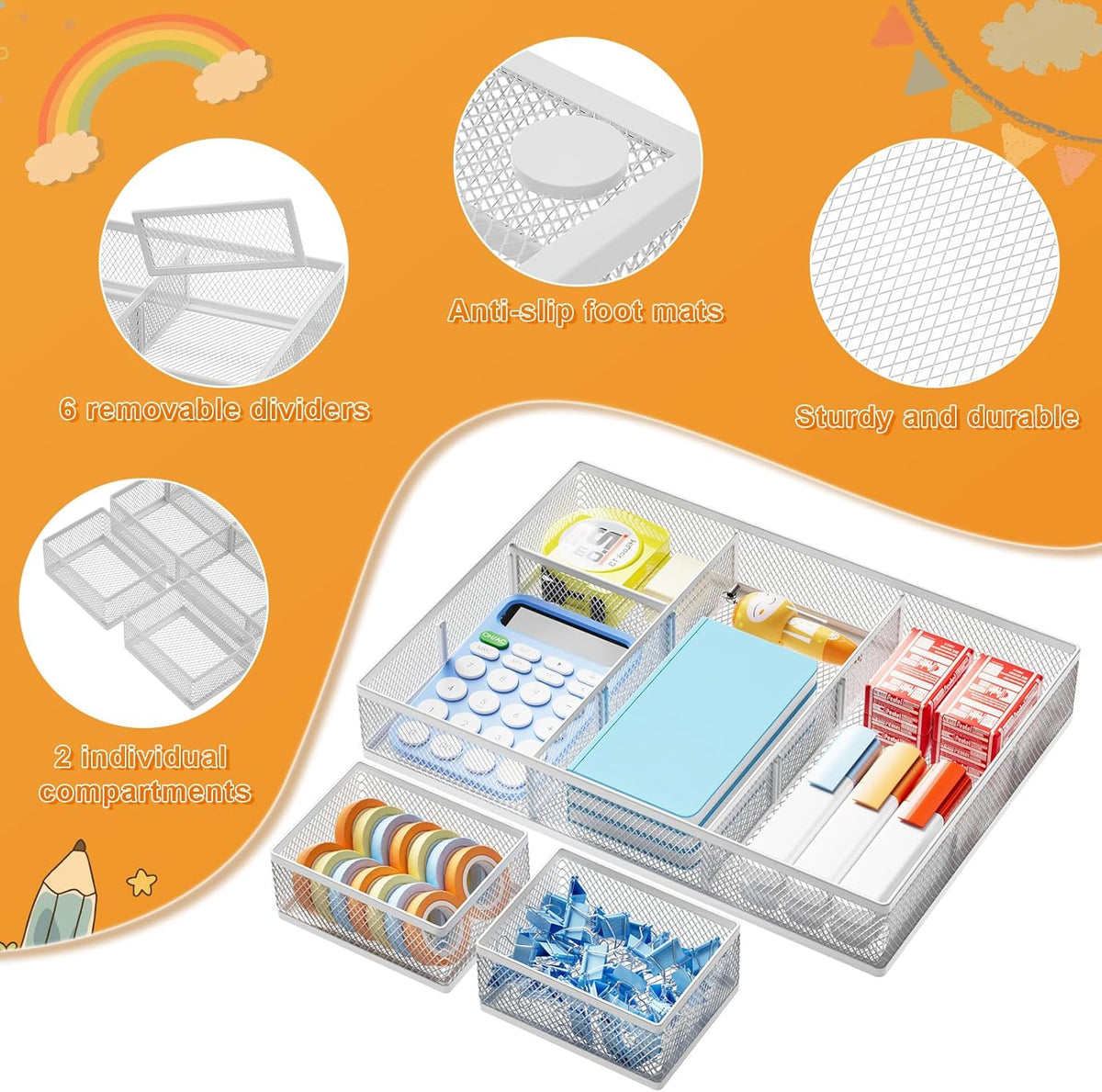 Marbrasse 3 Packs White Desk Drawer Organizers,Drawer Organizer Tray with 9 Adjustable
