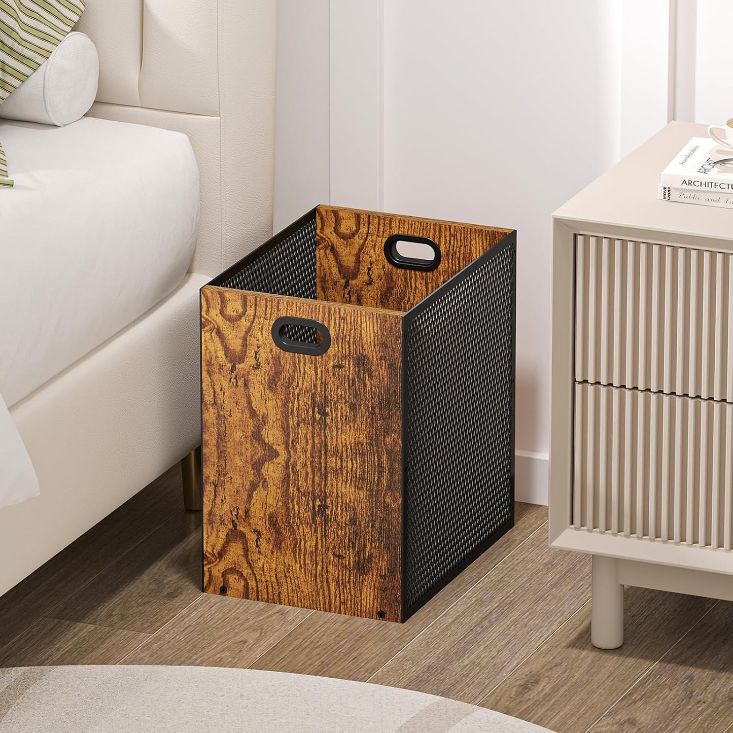 Retro Office Trash Can, Iron and Wood Combination Bedroom Garbage Can, Rectangular Design