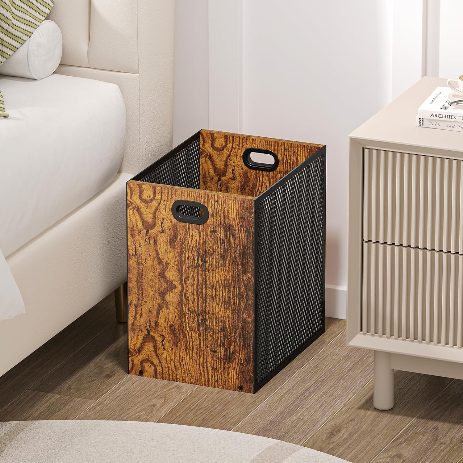 Retro Office Trash Can, Iron and Wood Combination Bedroom Garbage Can, Rectangular Design