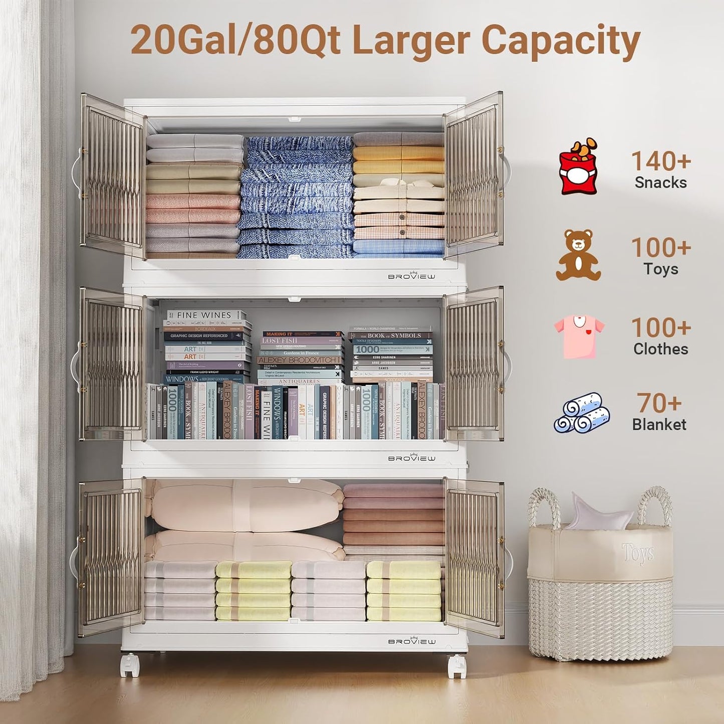 BROVIEW 320Qt Stackable Storage Bins with Lid, Extra Large Closet Organizer Collapsible Drawer
