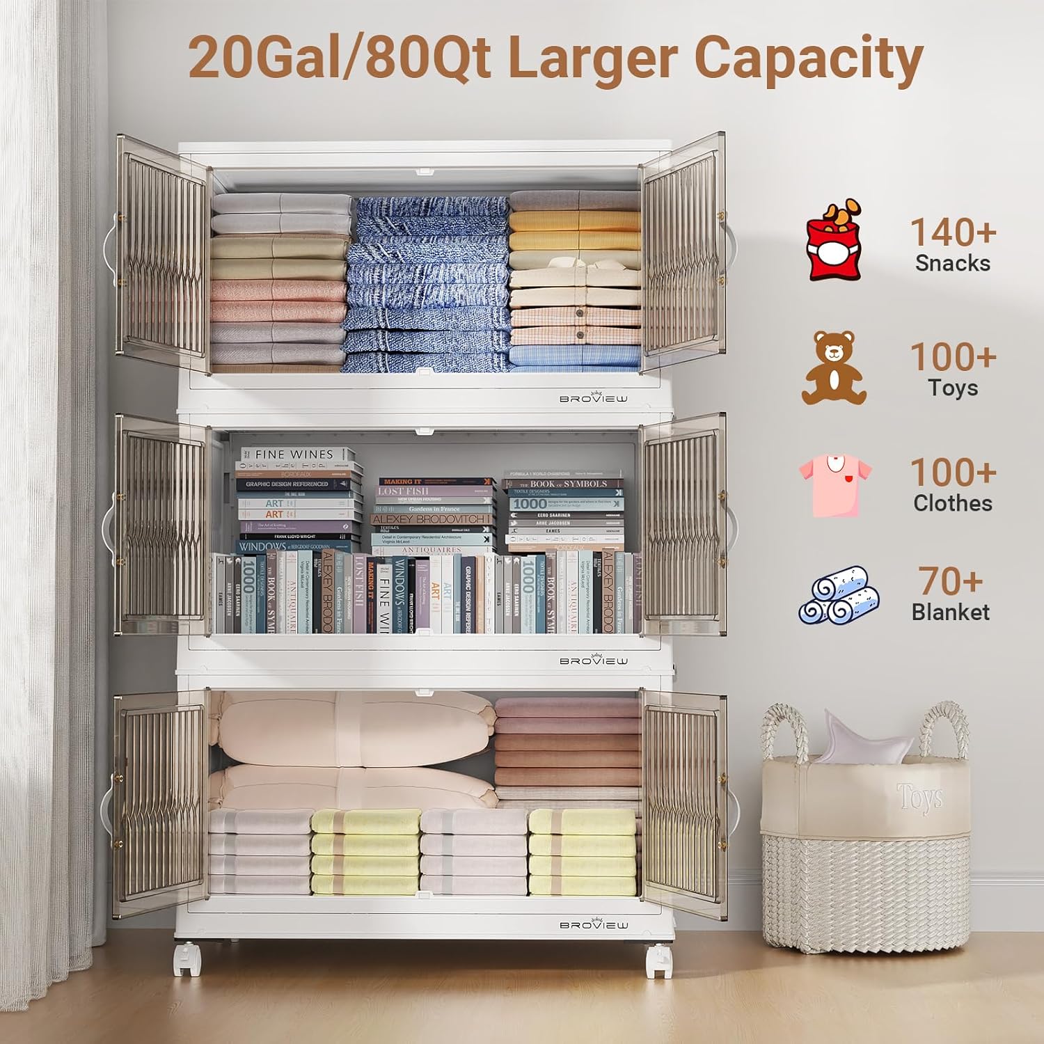 BROVIEW 320Qt Stackable Storage Bins with Lid, Extra Large Closet Organizer Collapsible Drawer