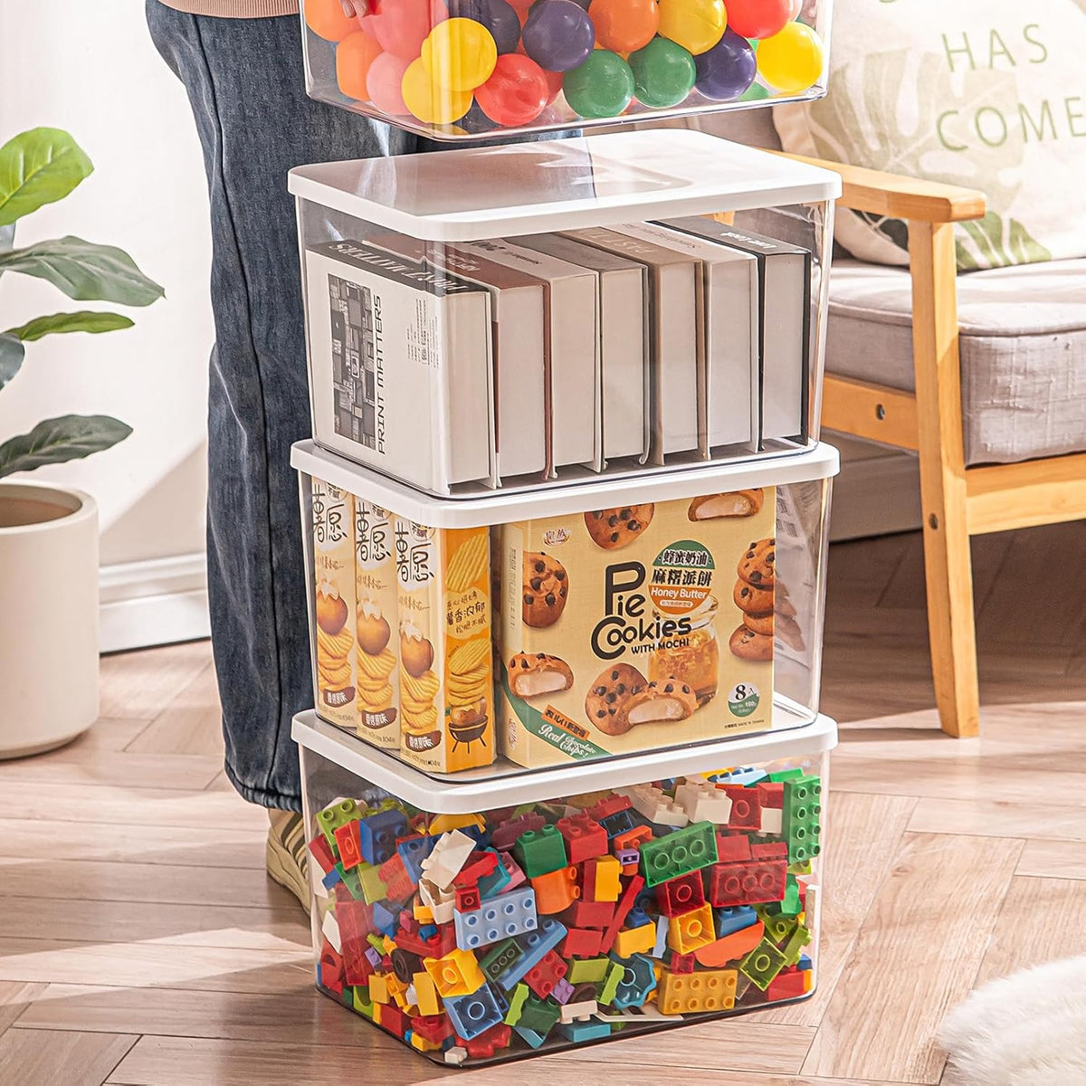 Clear plastic storage bins with LIDS-3packs,storage containers for snacks, cosmetics, books, dog