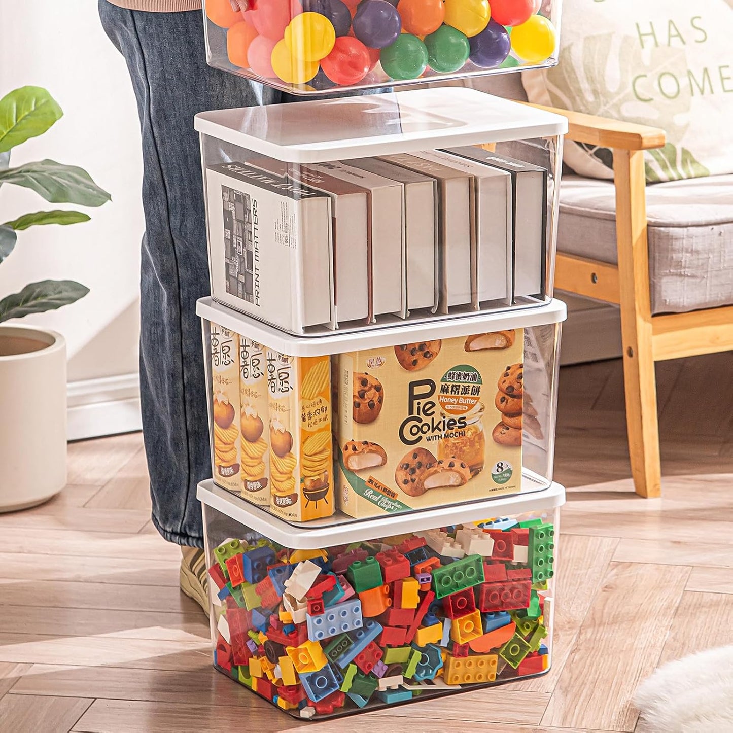 Clear plastic storage bins with LIDS-4packs,storage containers for snacks, cosmetics, books, dog