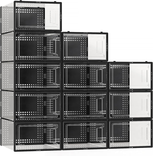 12 Pack X Large Shoe Storage Organizer for Closet, Modular Space Saving Shoe Boxes Clear Plastic