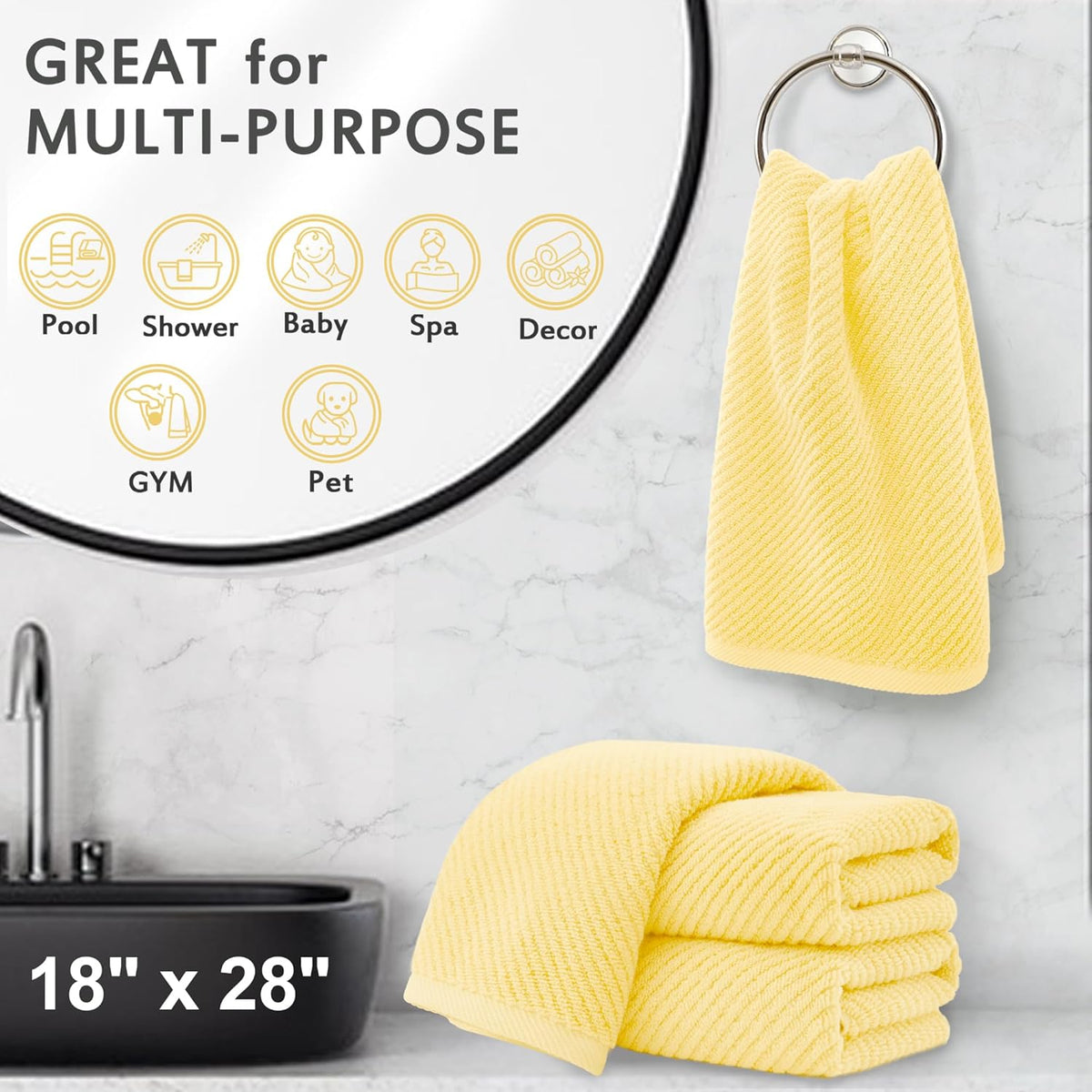 VOOVA & MOVAS Yellow Hand Towels for Bathroom, 4 Pack Large 18" x 28" - 100% Cotton | Lightweight |