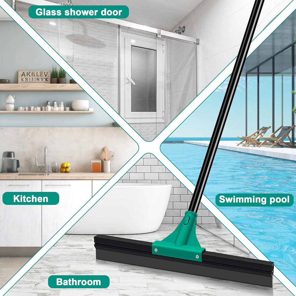 JEHONN Floor Squeegee Heavy Duty with 58.3 inches Long Handle, Rubber Scraper Broom for Cleaning