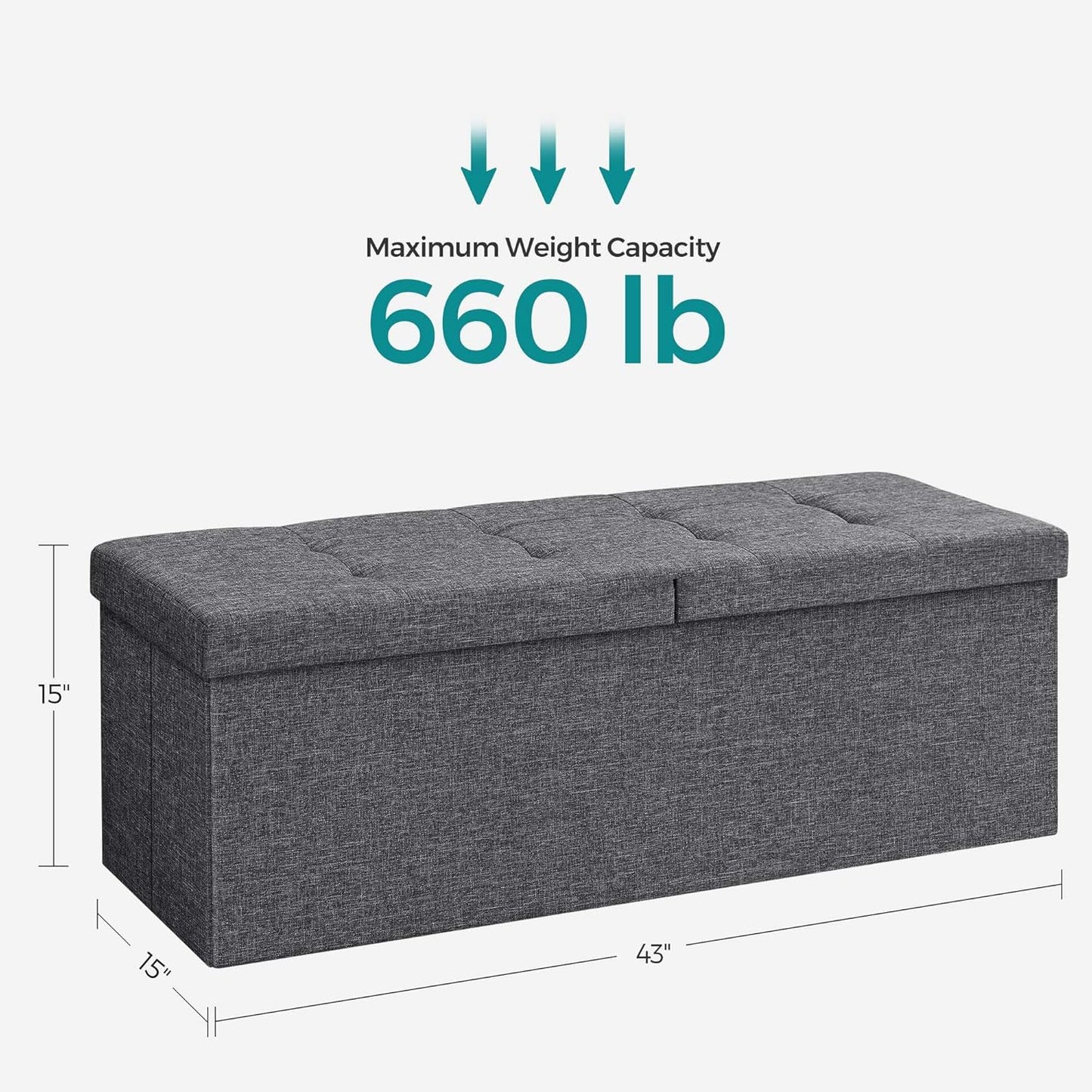 SONGMICS MAZIE Collection - 43 Inches Storage Ottoman, Foldable Storage Bench with Flipping Lid