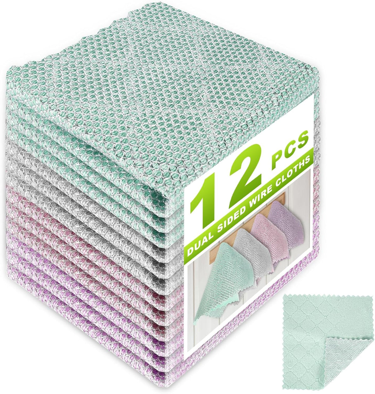 12 Pcs Multipurpose Wire Dishwashing Rag, Upgraded Double-Layer Non-Scratch Wire Dish Cleaning