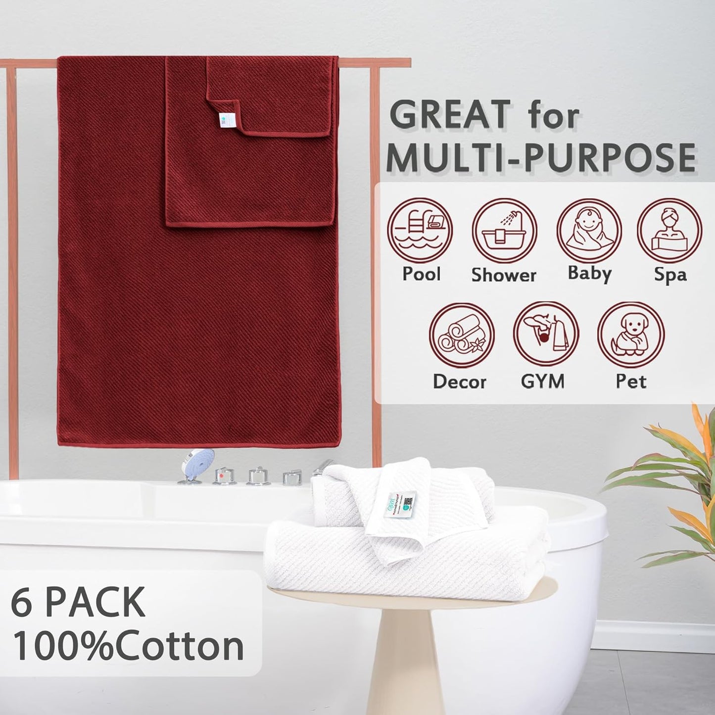 VOOVA & MOVAS Towels Bathroom Set - 100% Cotton | Quick Dry | Soft | Thick, Towel Set of 6, 2 Large