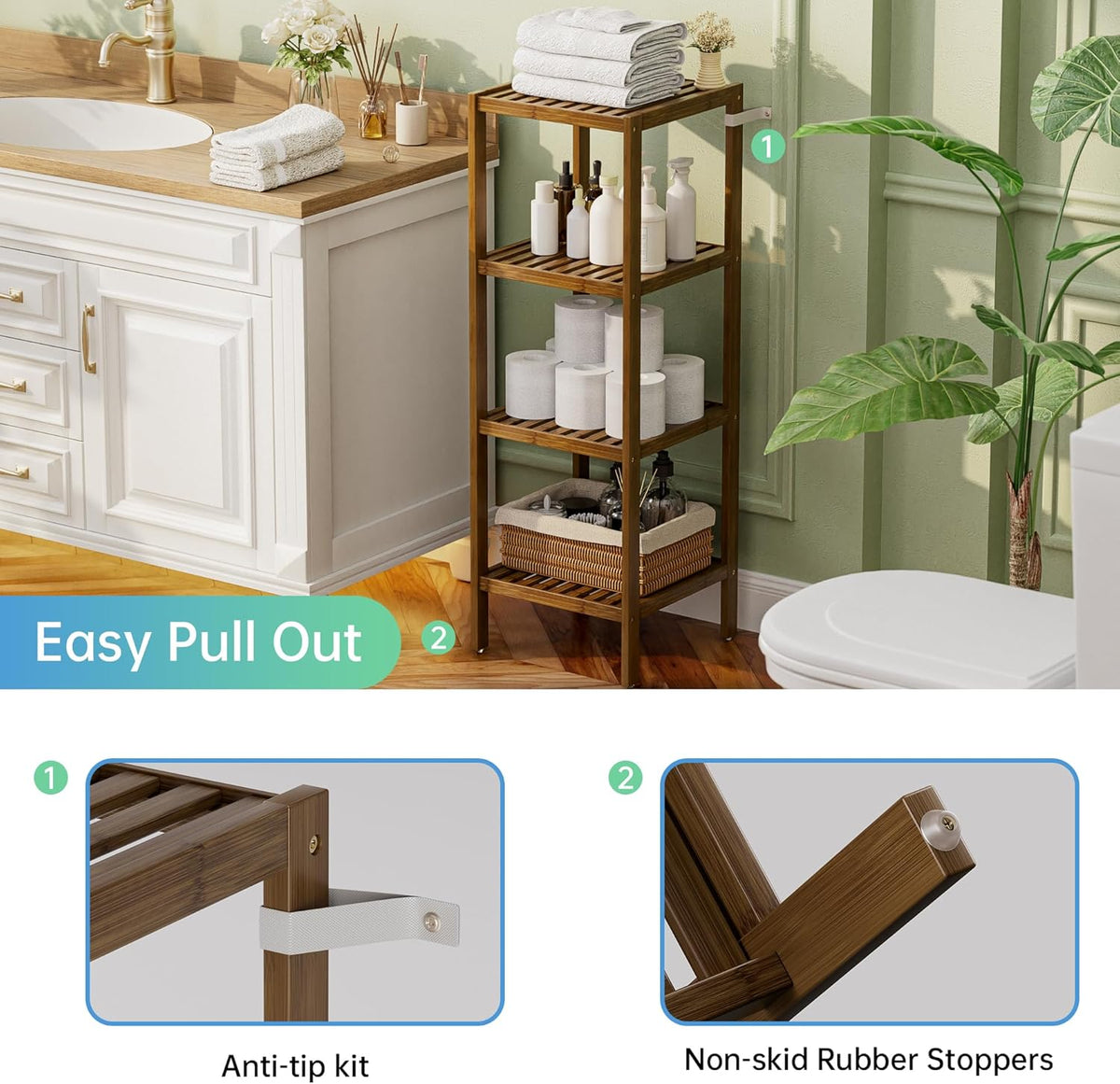 SMIBUY Bathroom Storage Shelf, 4-Tier Bamboo Rack Organizer, Multifunctional Shelving Unit for