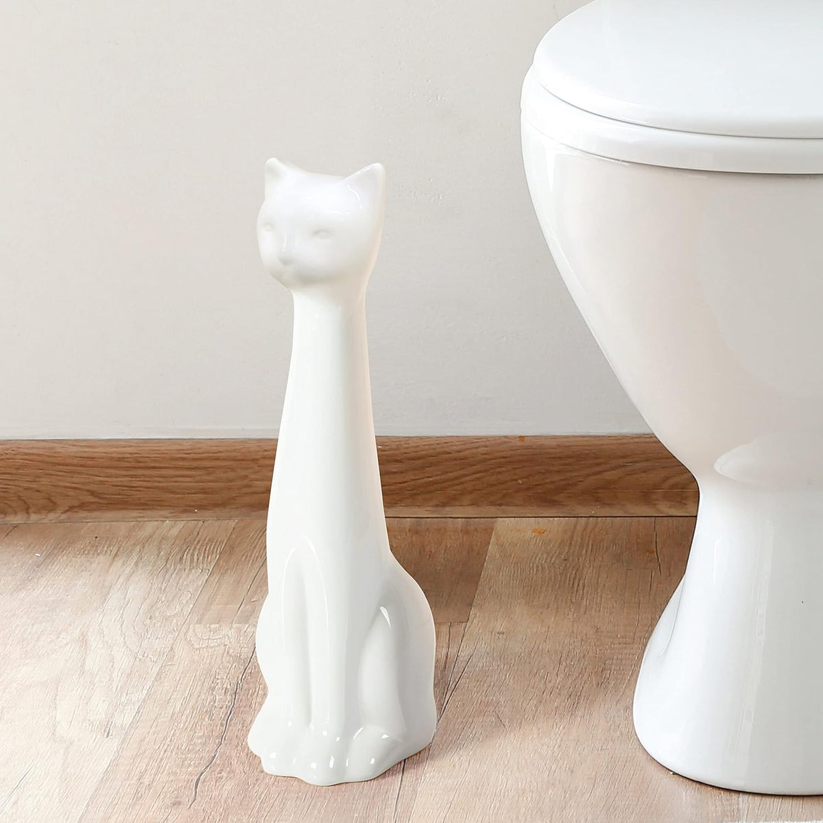 Allure Home Creation Cat 3-Piece Ceramic Toilet Brush Holder & Soap Dispenser - White Plastic Scrub