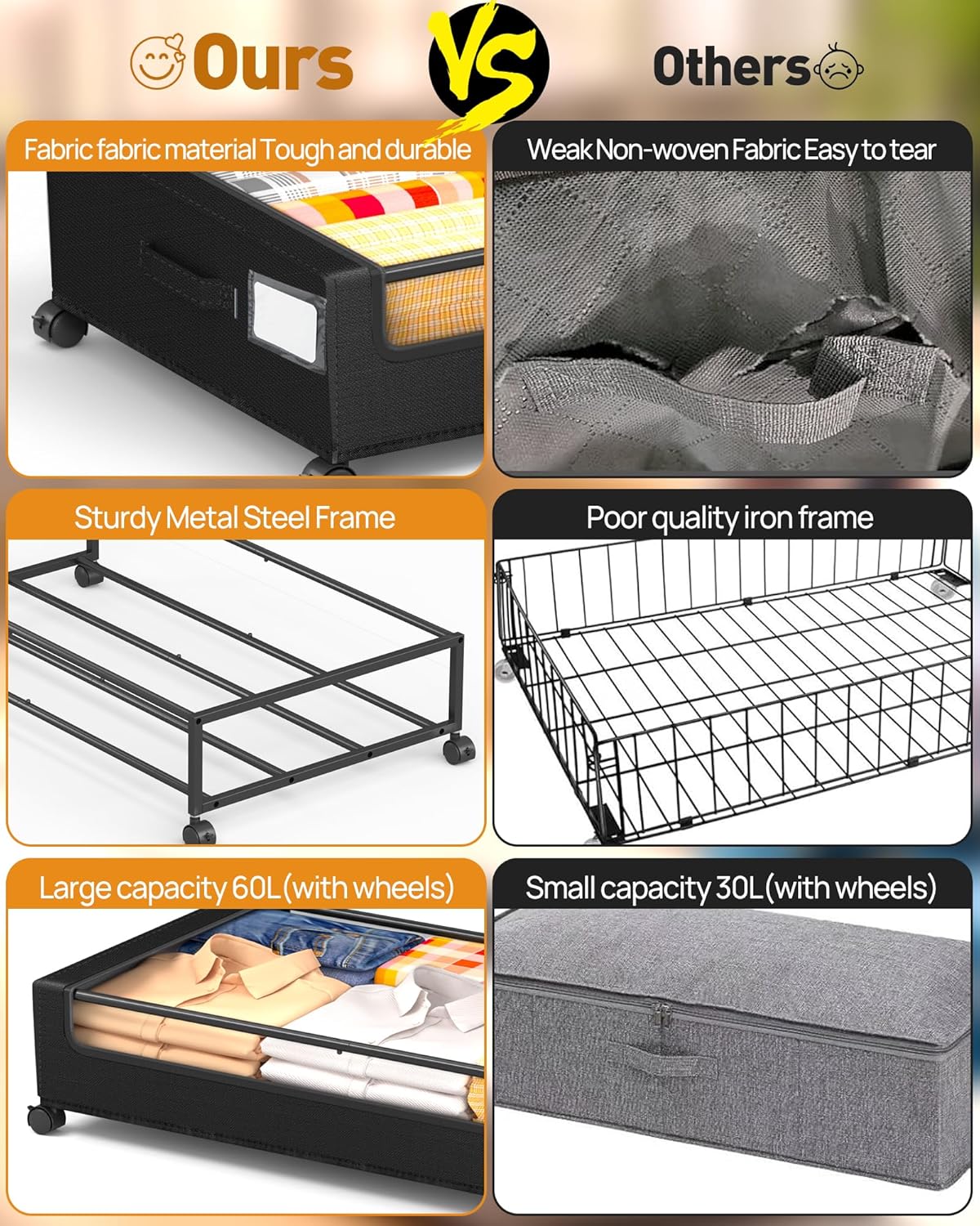 Under Bed Storage With Wheels, 2 Pack Square Containers, 60L Bins, Rolling Metal Drawer for