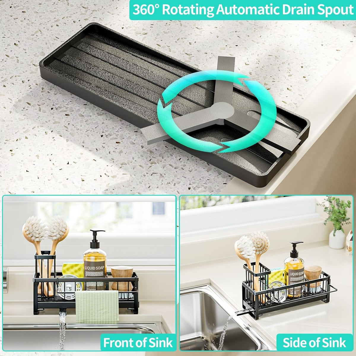 HapiRm Sponge Holder for Kitchen Sink - Self-draining Sink Caddy with Brush and Dishcloth Holders