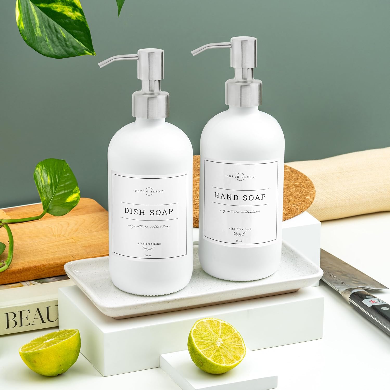 Vine Creations Glass Soap Dispenser, 2 Pack Kitchen Soap Dispenser Set with Ceramic Tray, Stainless