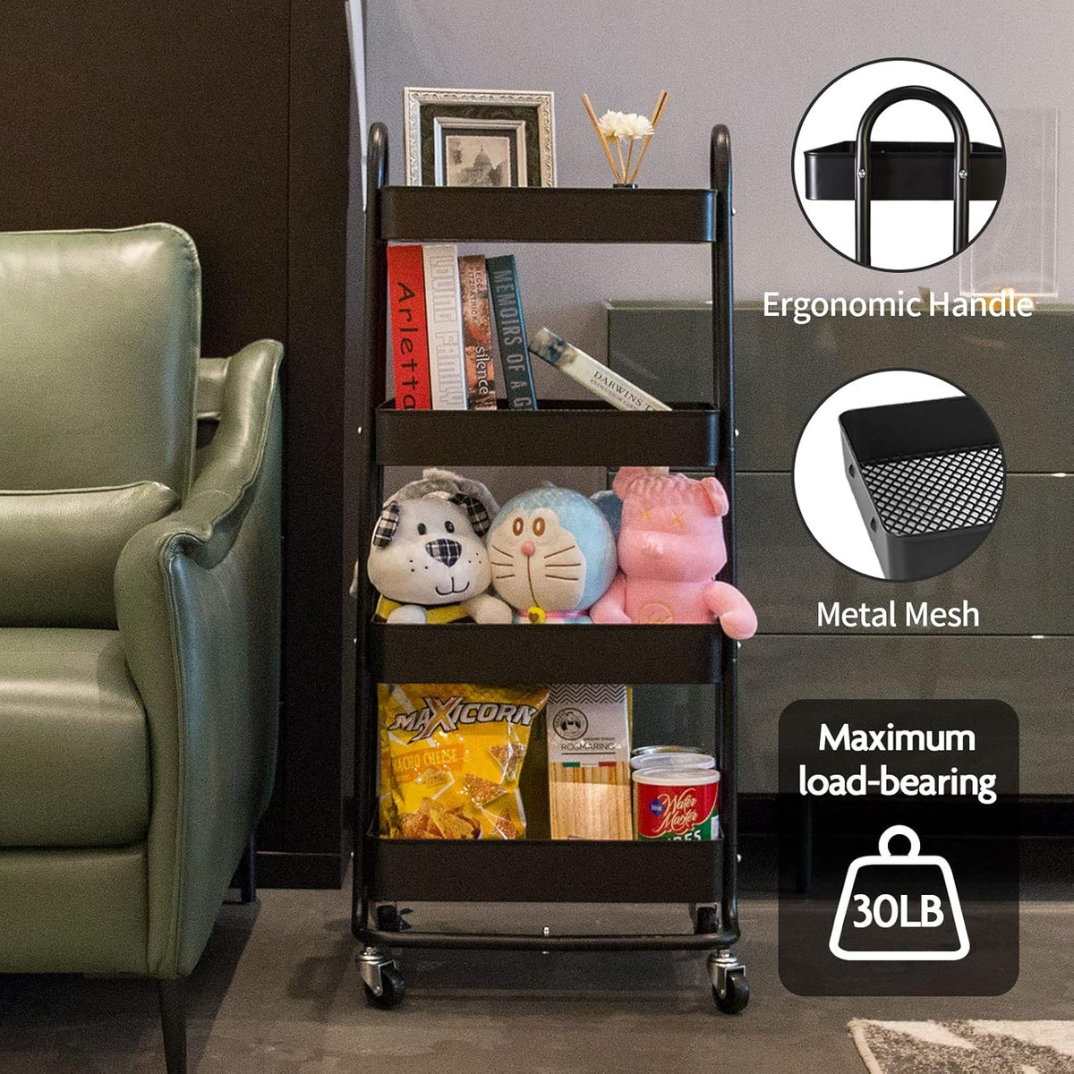 elabo 4-Tier Metal Mesh Utility Rolling Cart, Storage Organizer Trolley Services Cart with Lockable