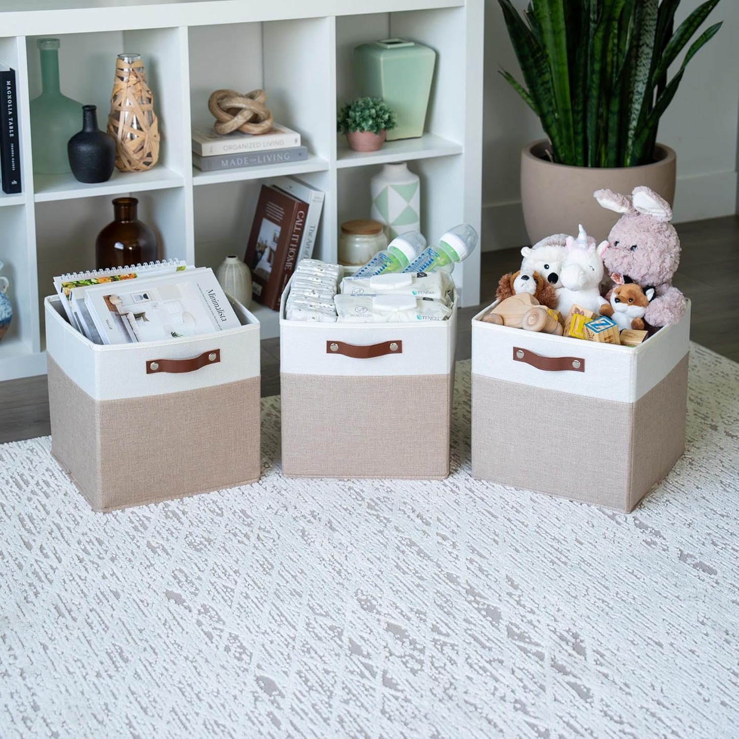 OrganiHaus 12x12 Fabric Storage Bins - Set of 4, Cube Fabric Organizer Bins with Vegan Handles