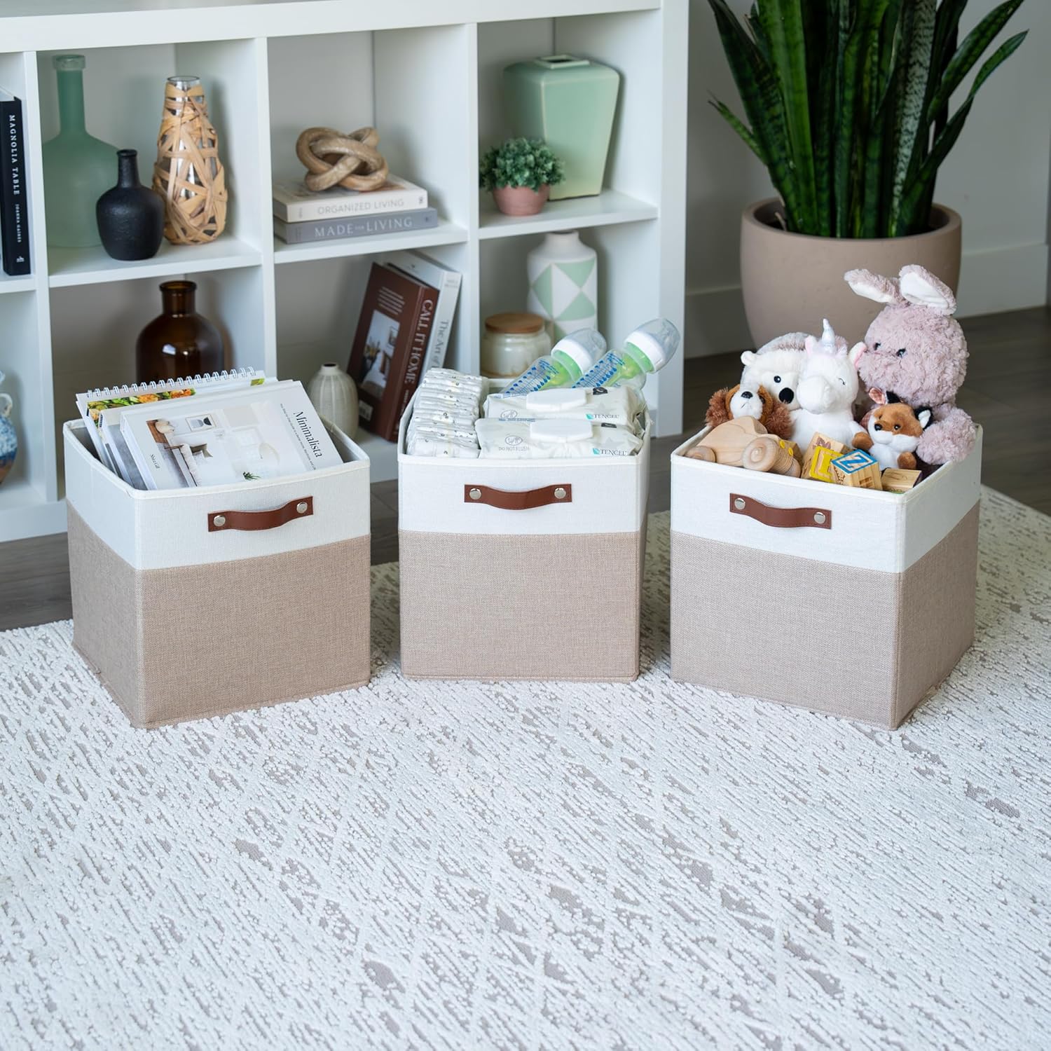 OrganiHaus 12x12 Fabric Storage Bins - Set of 4, Cube Fabric Organizer Bins with Vegan Handles