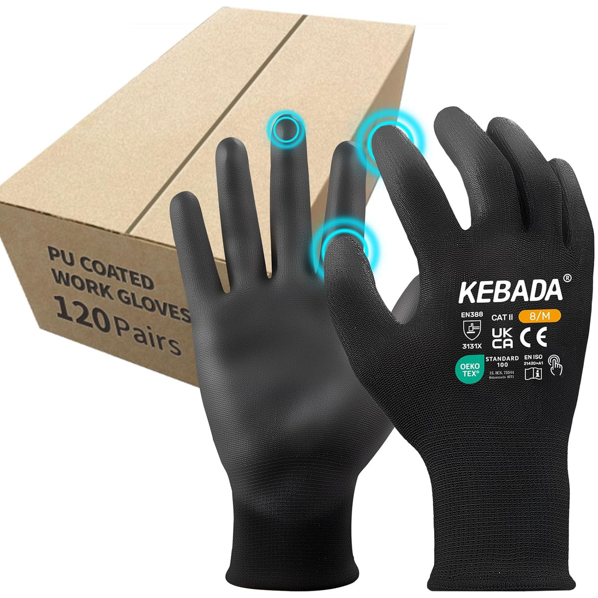 Kebada Safety Work Gloves,120 Pairs Bulk Pack, Touchscreen, PU Coated, Ideal for Warehouse