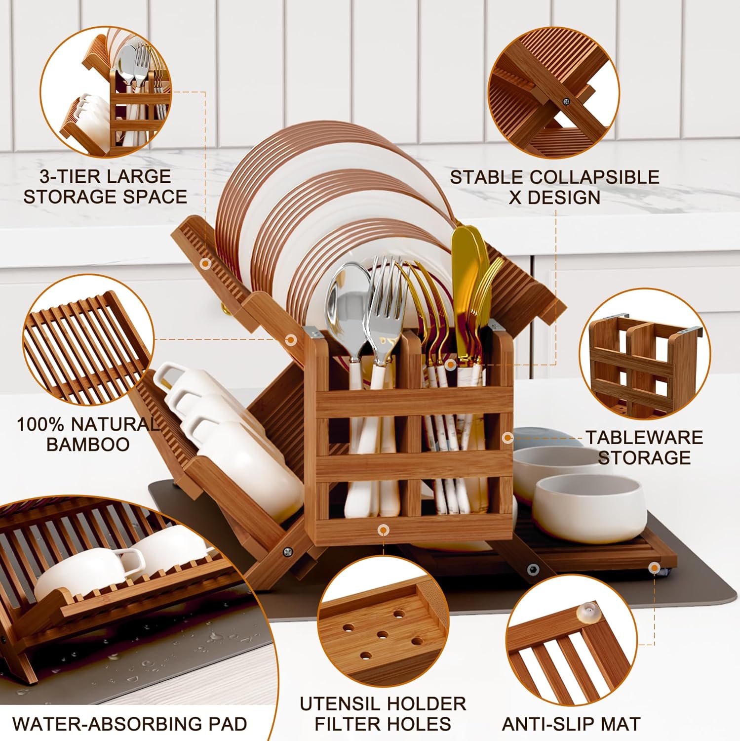 Greenual Teak Dish Drying Rack with Utensil Holder, 3 Tier Collapsible Dish Rack, Wooden Dish Racks