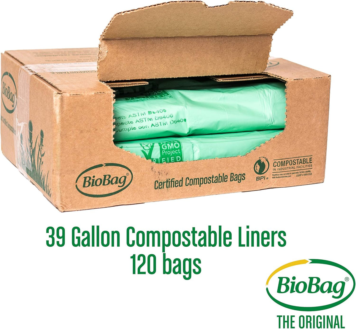BioBag (USA) The Original Compostable Bag, 39 Gallon, 120 Count, 100% Certified Compostable Trash