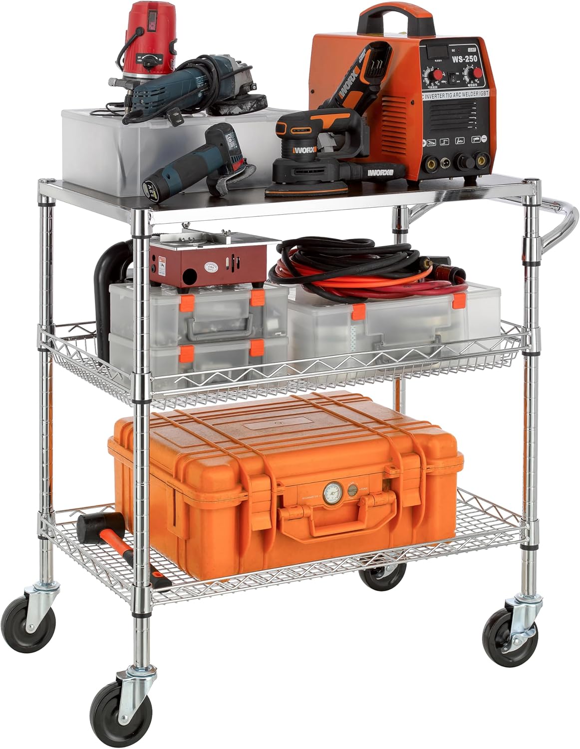 Finnhomy 3 Tier Heavy Duty Commercial Grade Utility Cart with Wood Top, Wire Rolling Cart with