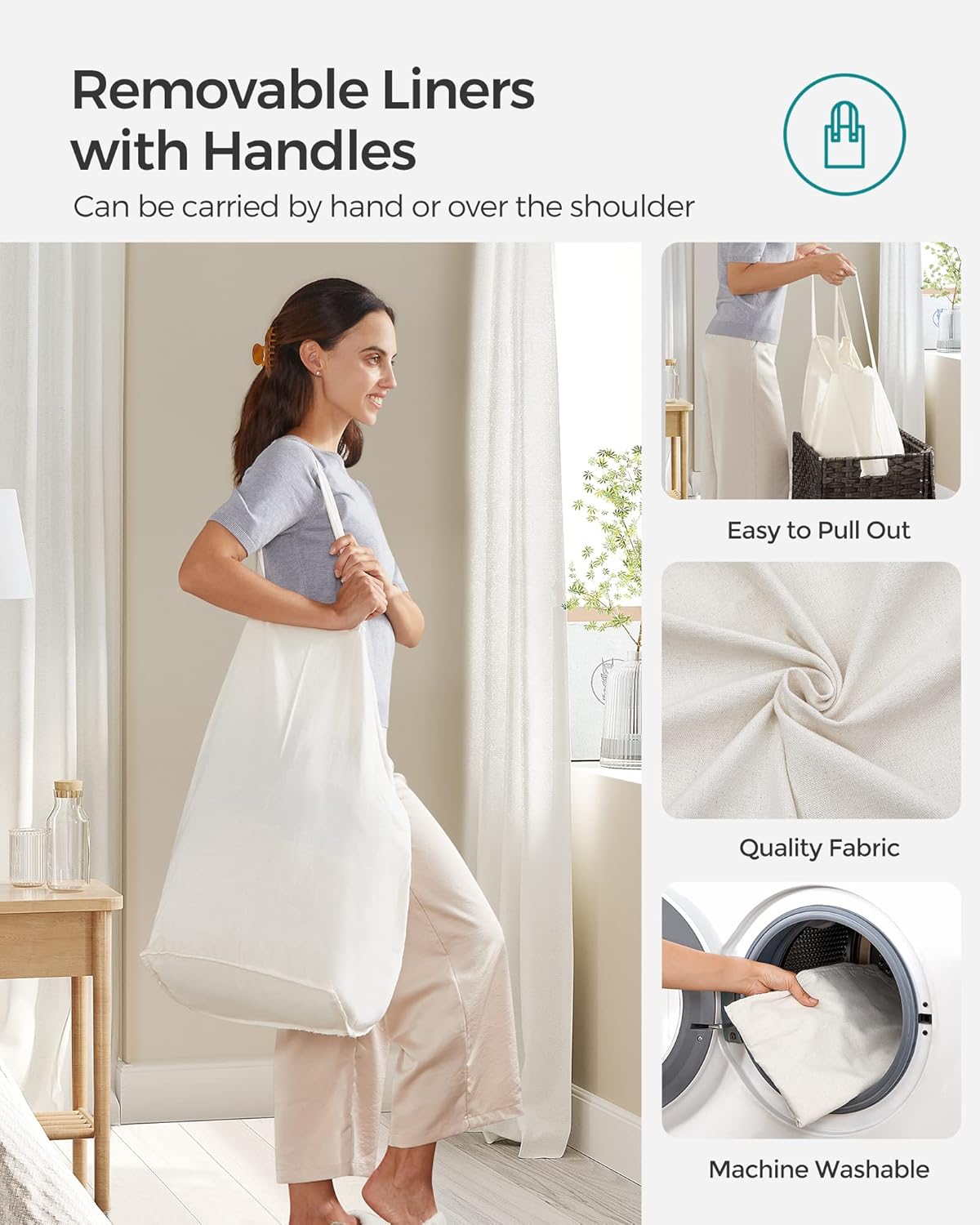 SONGMICS Laundry Hamper with Lid, 110L Clothes Hamper with 2 Removable Liner Bags, 6 Mesh Bags