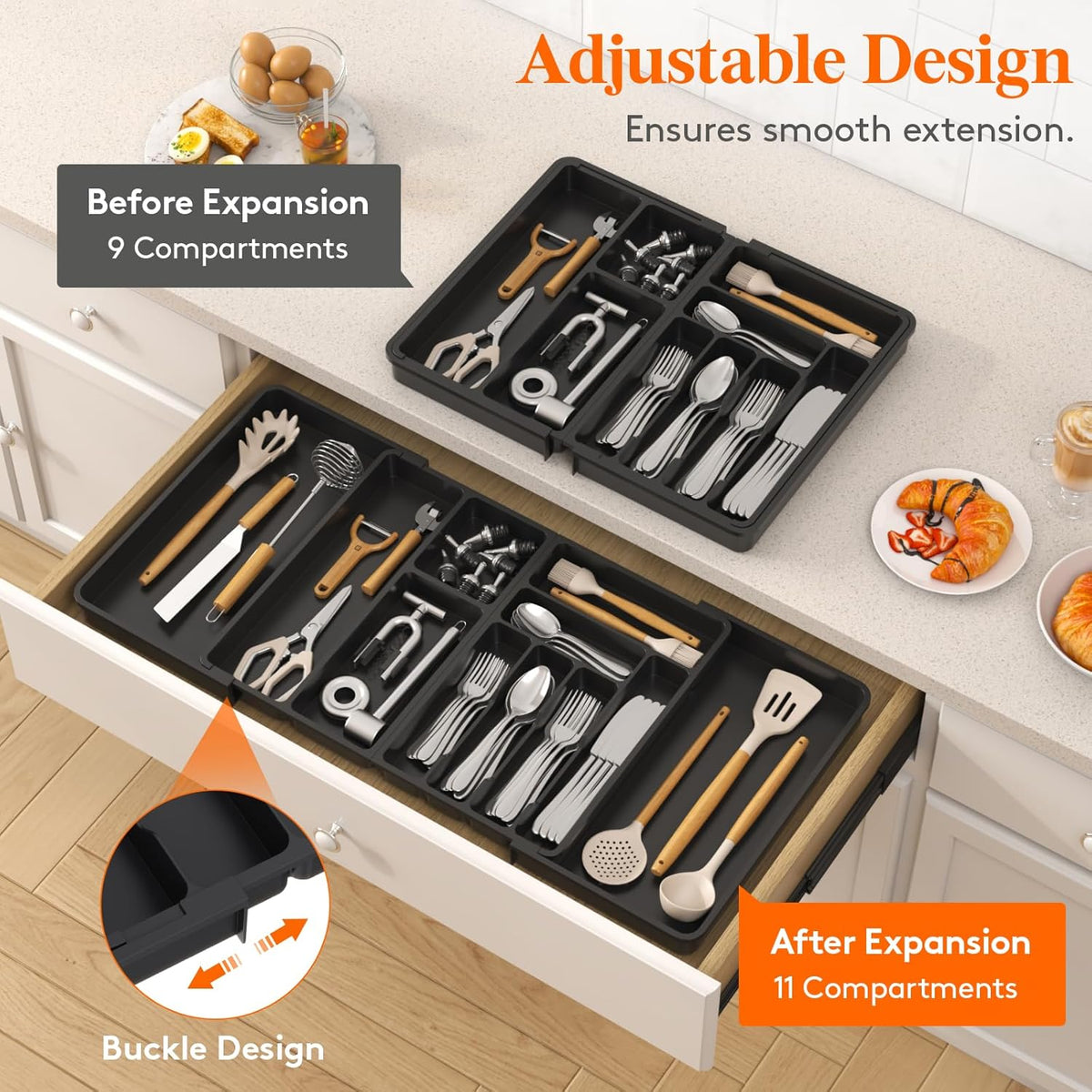 Lifewit Large Silverware Drawer Organizer, Plastic Cooking Utensil Tray for Kitchen, Expandable