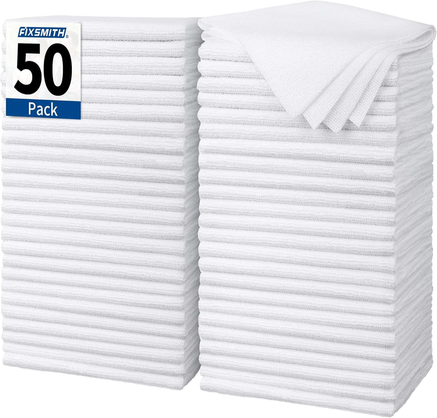 FIXSMITH White Microfiber Cleaning Cloth, Pack of 50, 16"X12" Cleaning Rags for Housekeeping and