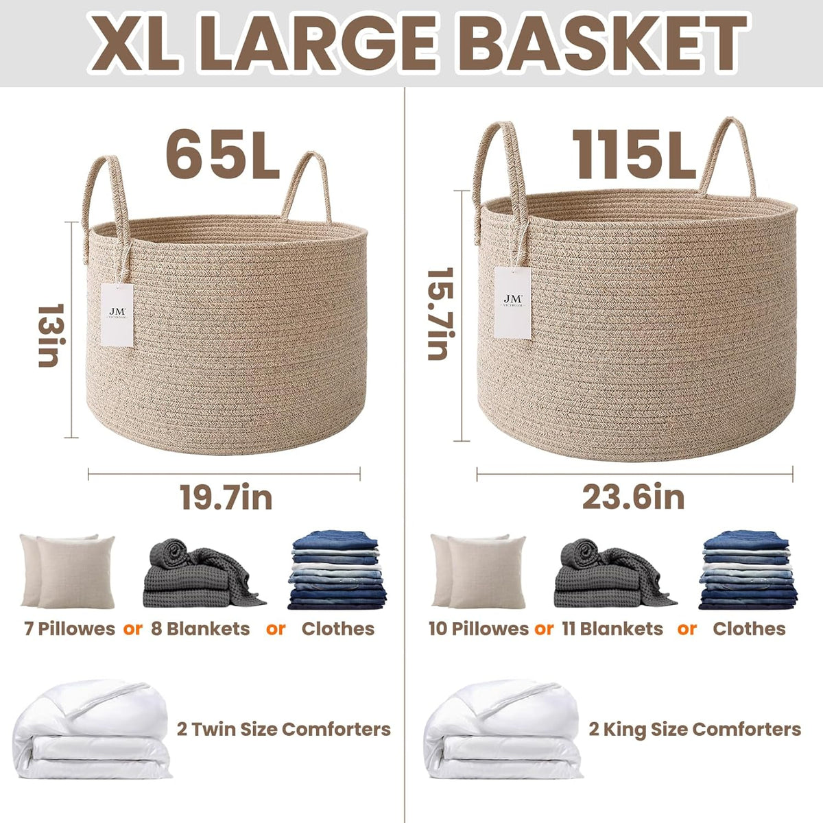 Woven Blanket Basket,115L Large Rope Storage Bin with Handles, Organizer for Blankets Toys Book and
