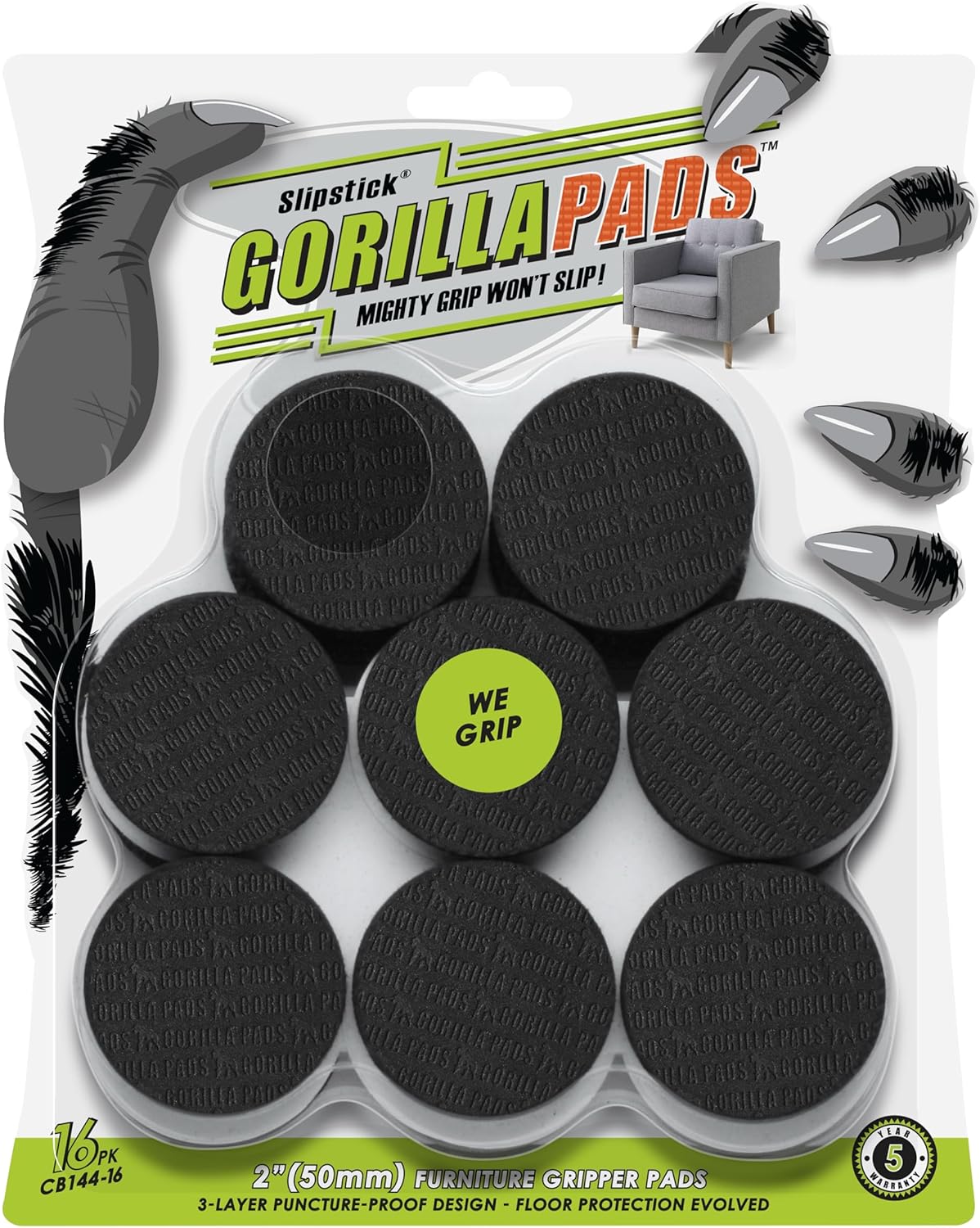 GorillaPads Non Slip Furniture Pads/Floor Grippers (Set of 16 Grips) 2 Inch Round Floor Protectors