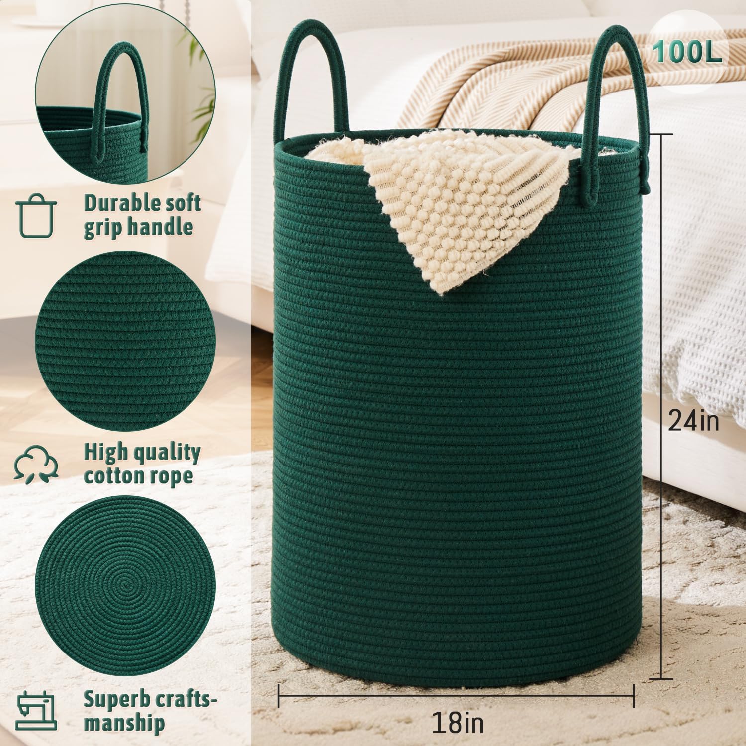Laundry Basket,Woven Cotton Rope Laundry Hamper,100L for Decorative Storage of Dirty Clothes,Toys