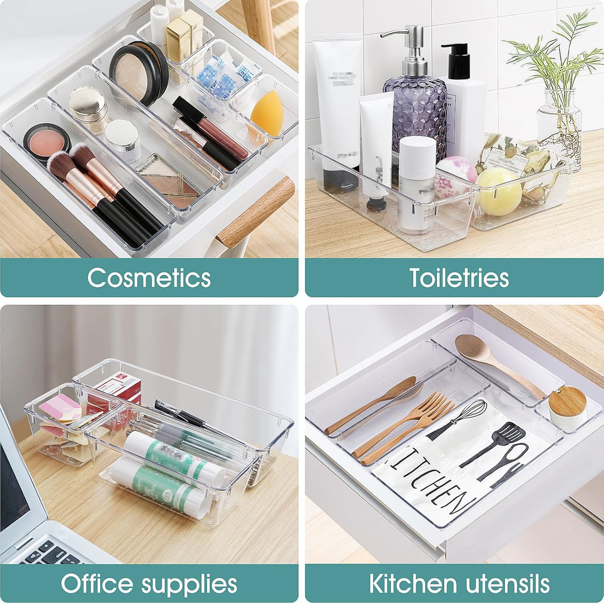 WOWBOX 25 PCS Clear Plastic Drawer Organizer Set, 4 Sizes Desk Drawer Divider Organizers and