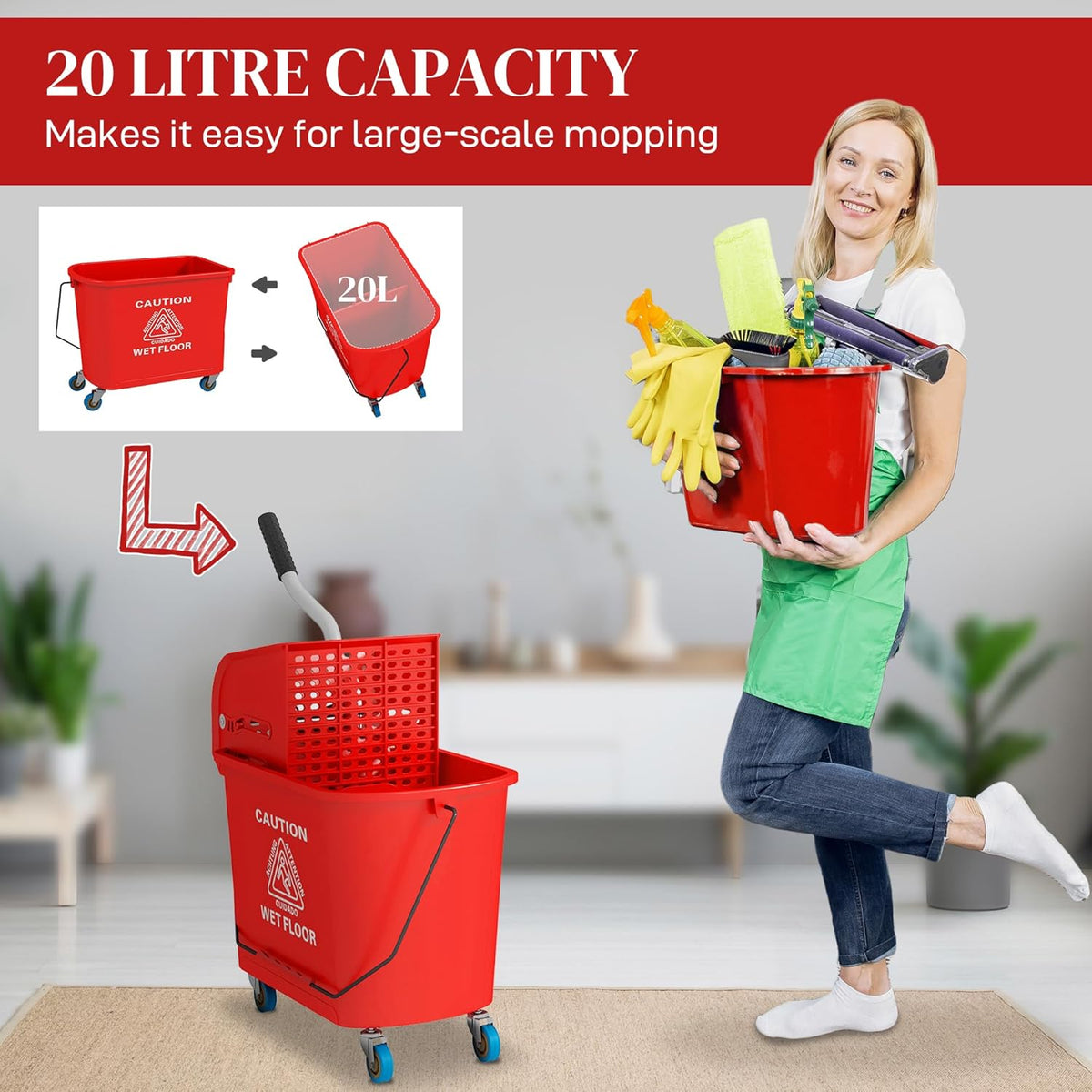 HOMCOM Compact Mop Bucket with Wringer on Wheels for Floor Cleaning, 21 Quart, Separate Dirty and