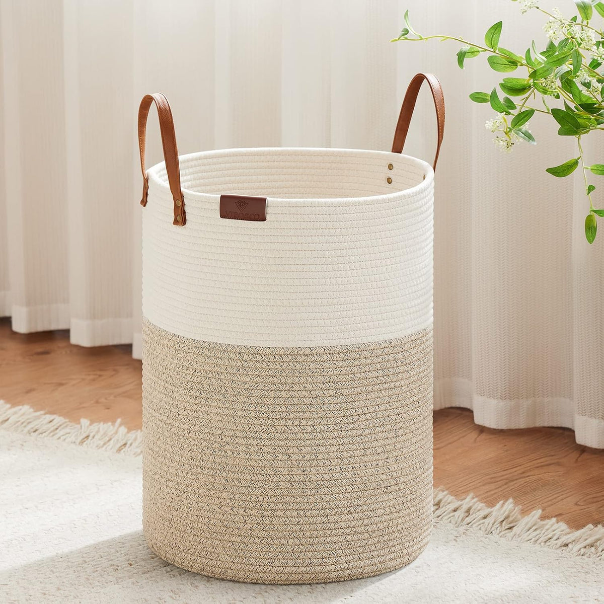 VIPOSCO Tall Laundry Basket, Large Dirty Clothes Hamper with Leather Handle, Woven Rope Storage